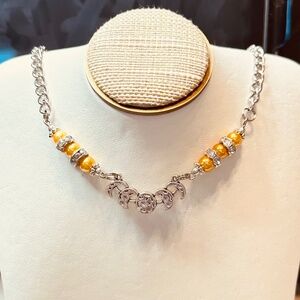 Silver Tone Link Chain w/Moon Phases & Yellow Beads w/Crystal Rondelles HandMade